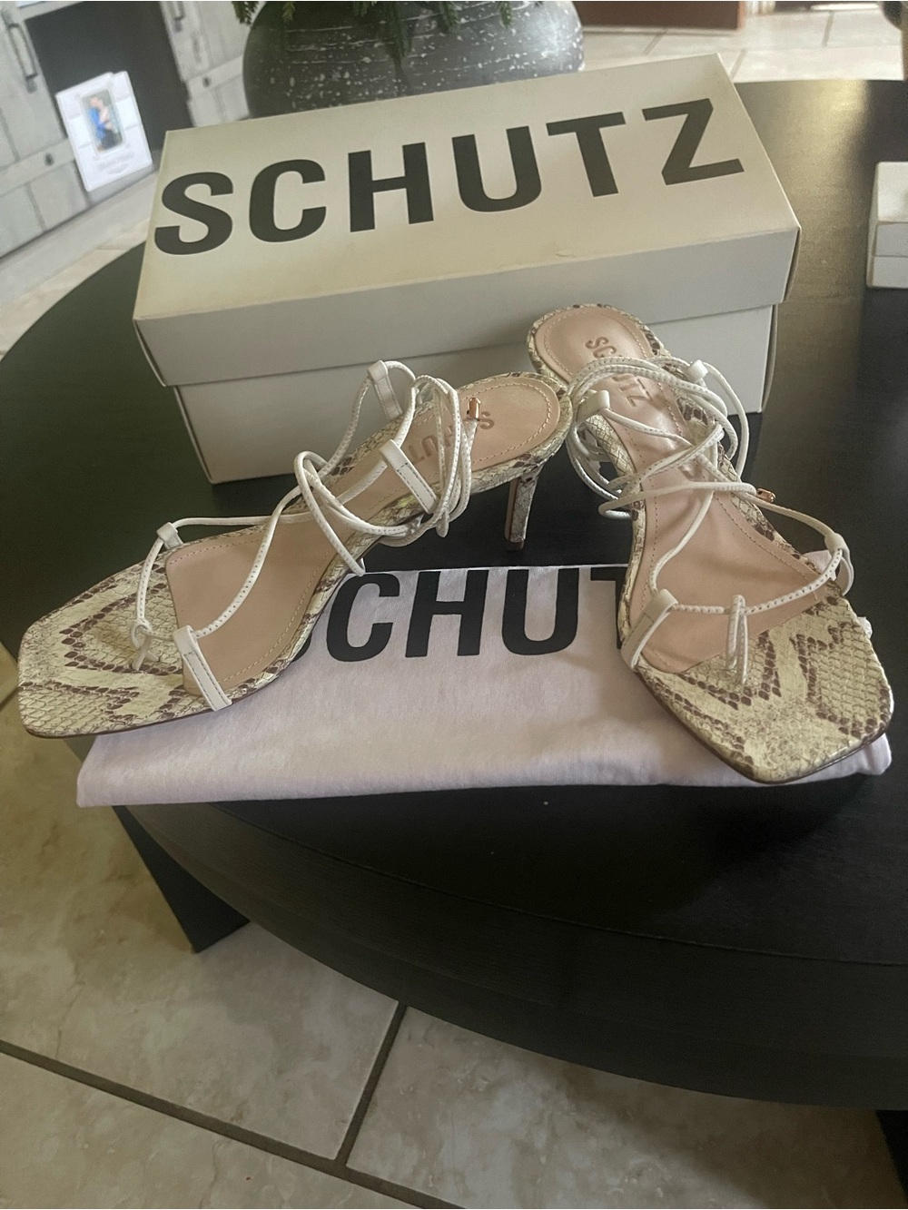 SCHUTZ Beige Snakeskin Strappy Heeled Sandals